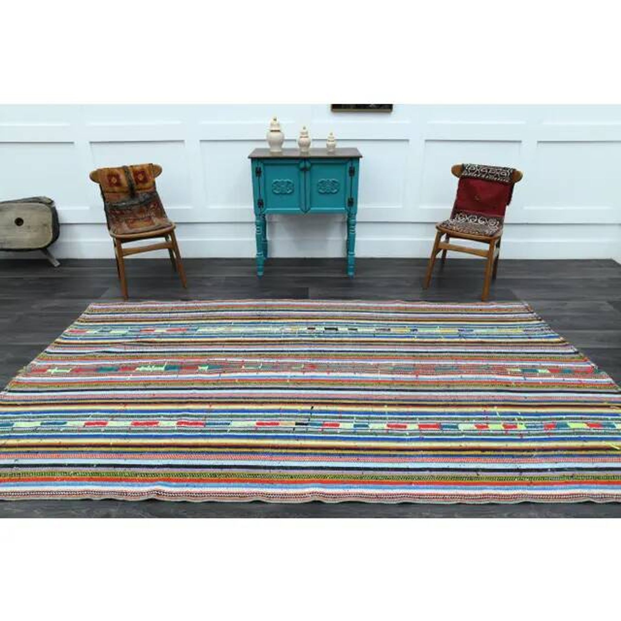 1970s Vintage Turkish Oushak Handmade Wool Cotton Blue Runner Rug 163x306