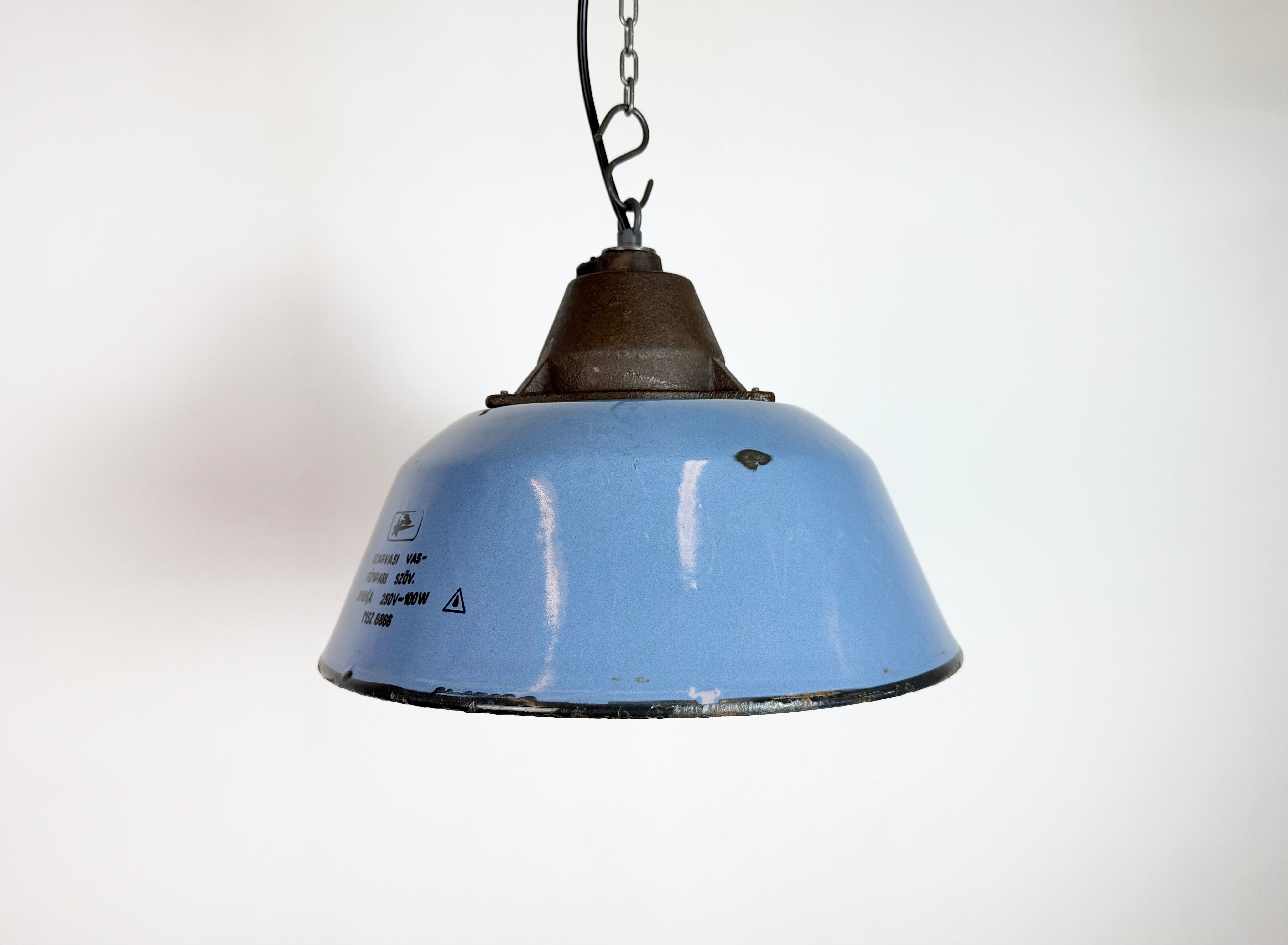 Industrial Blue Enamel and Cast Iron Pendant Lamp, 1960s