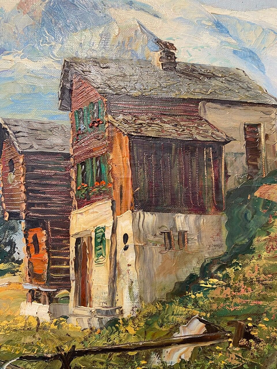 Old painting, Swiss mountain landscape signed H Herzer, mid-XX century