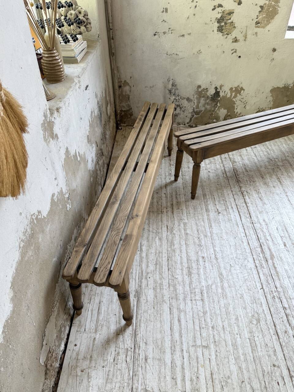 Pair of 1950 benches with oak and beech slats