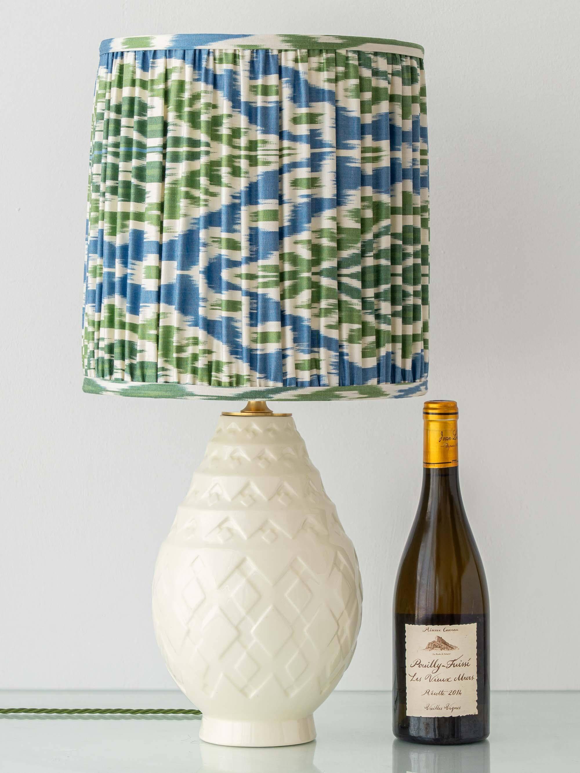 Art Deco pineapple table lamp by Charles Catteau with new Ikat silk shade, 1920s.