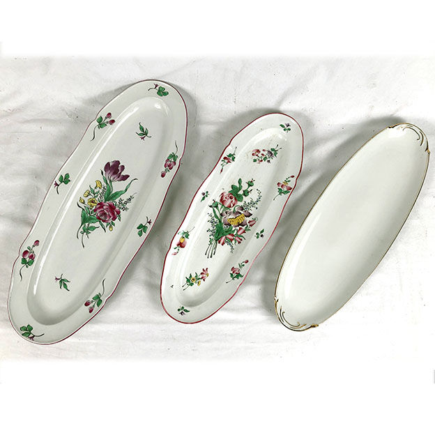 Series of three fish dishes, Lunéville earthenware and Limoges porcelain