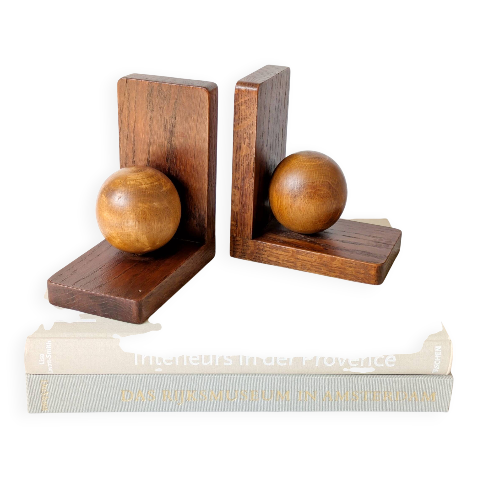 Pair of antique oak ball bookends, Midcentury Art Deco