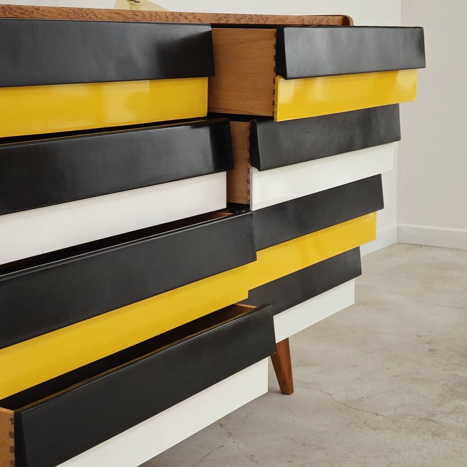 U453 yellow 8-drawer wooden sideboard by Jiri Jiroutek for Interier Praha 1960