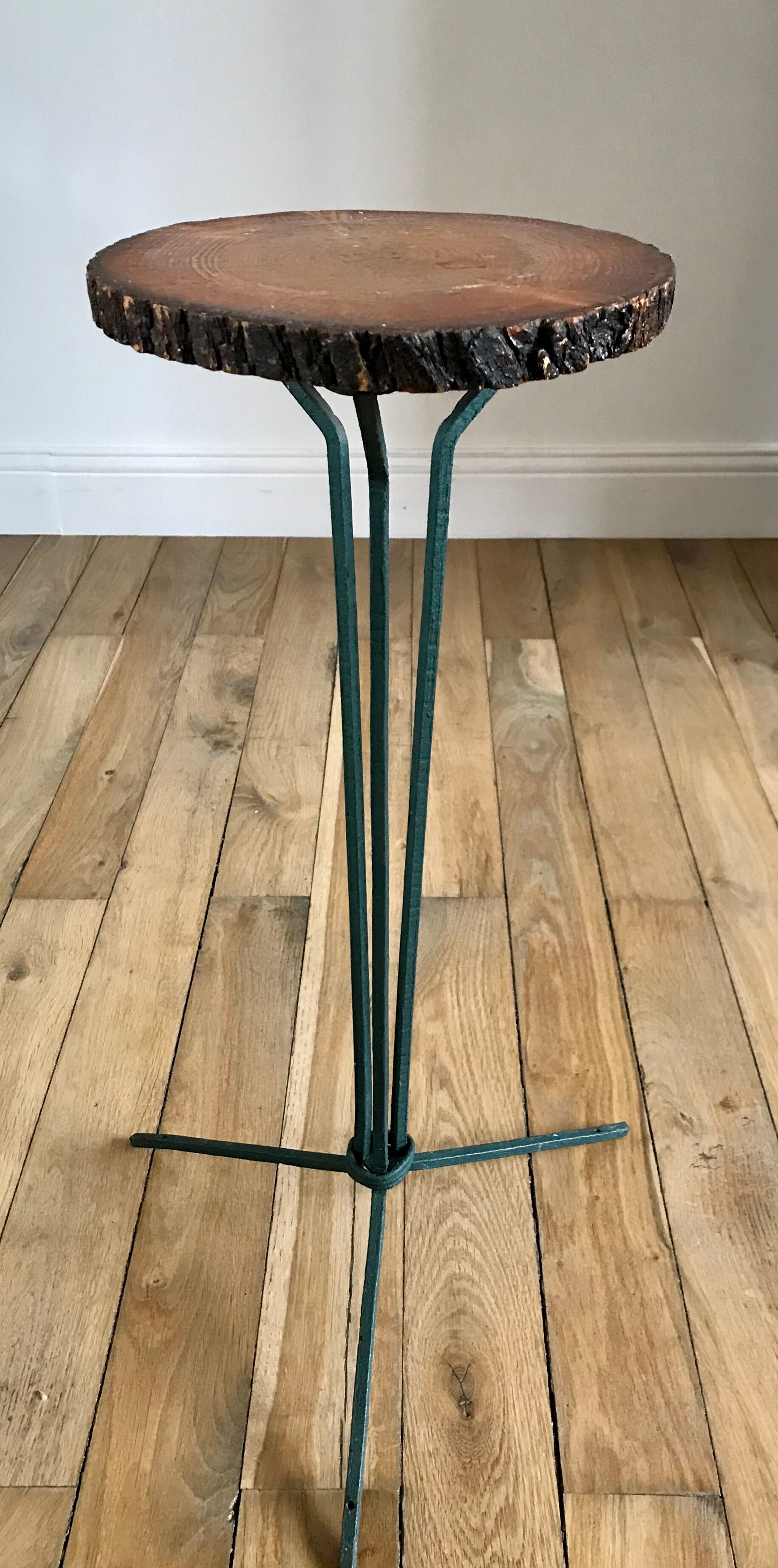 Brutalist stool design in wood and iron 70s