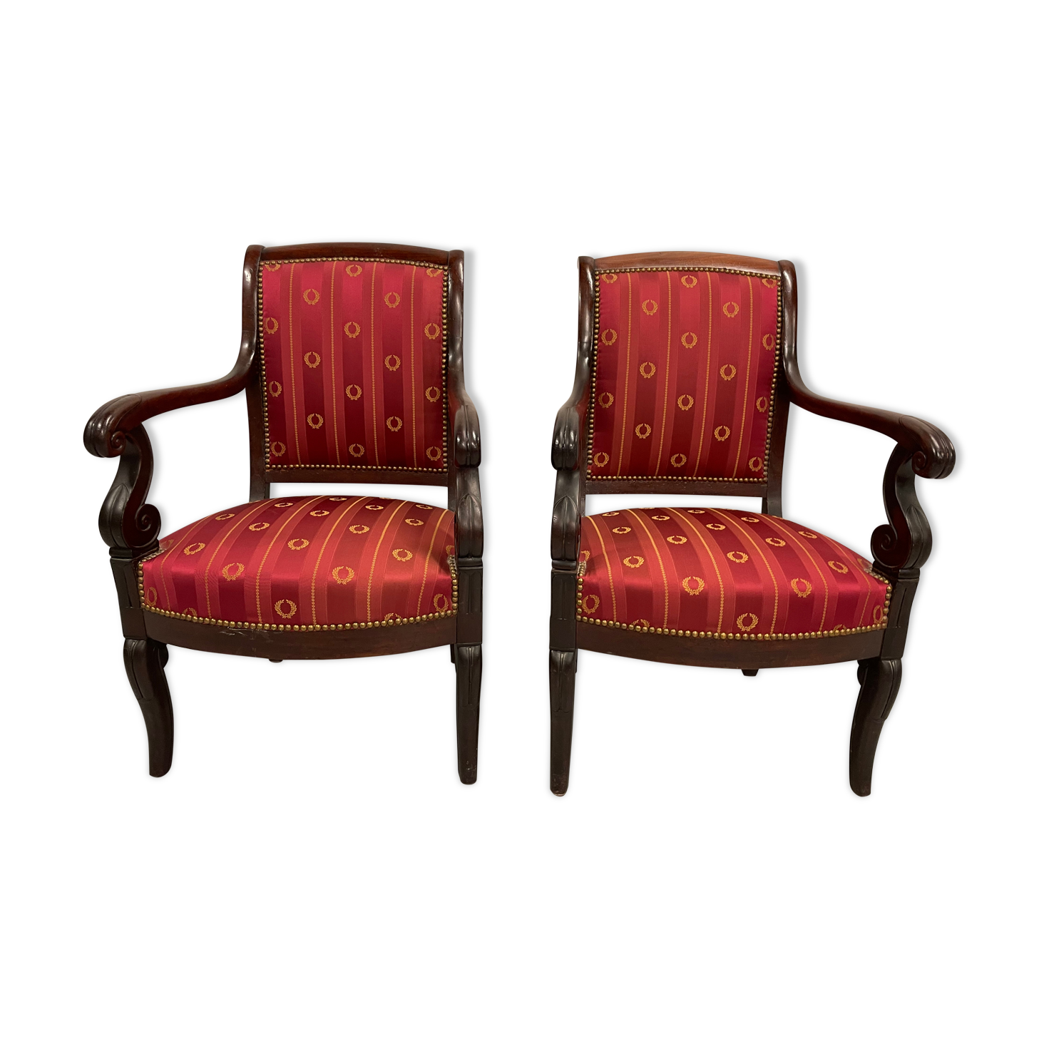 Pair of empire period armchairs in mahogany and silk