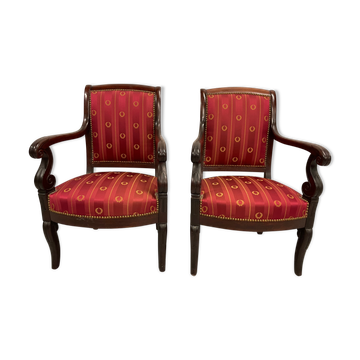 Pair of empire period armchairs in mahogany and silk