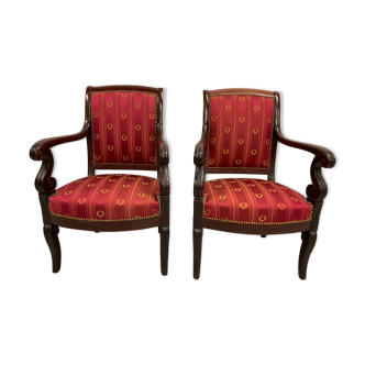 Pair of empire period armchairs in mahogany and silk