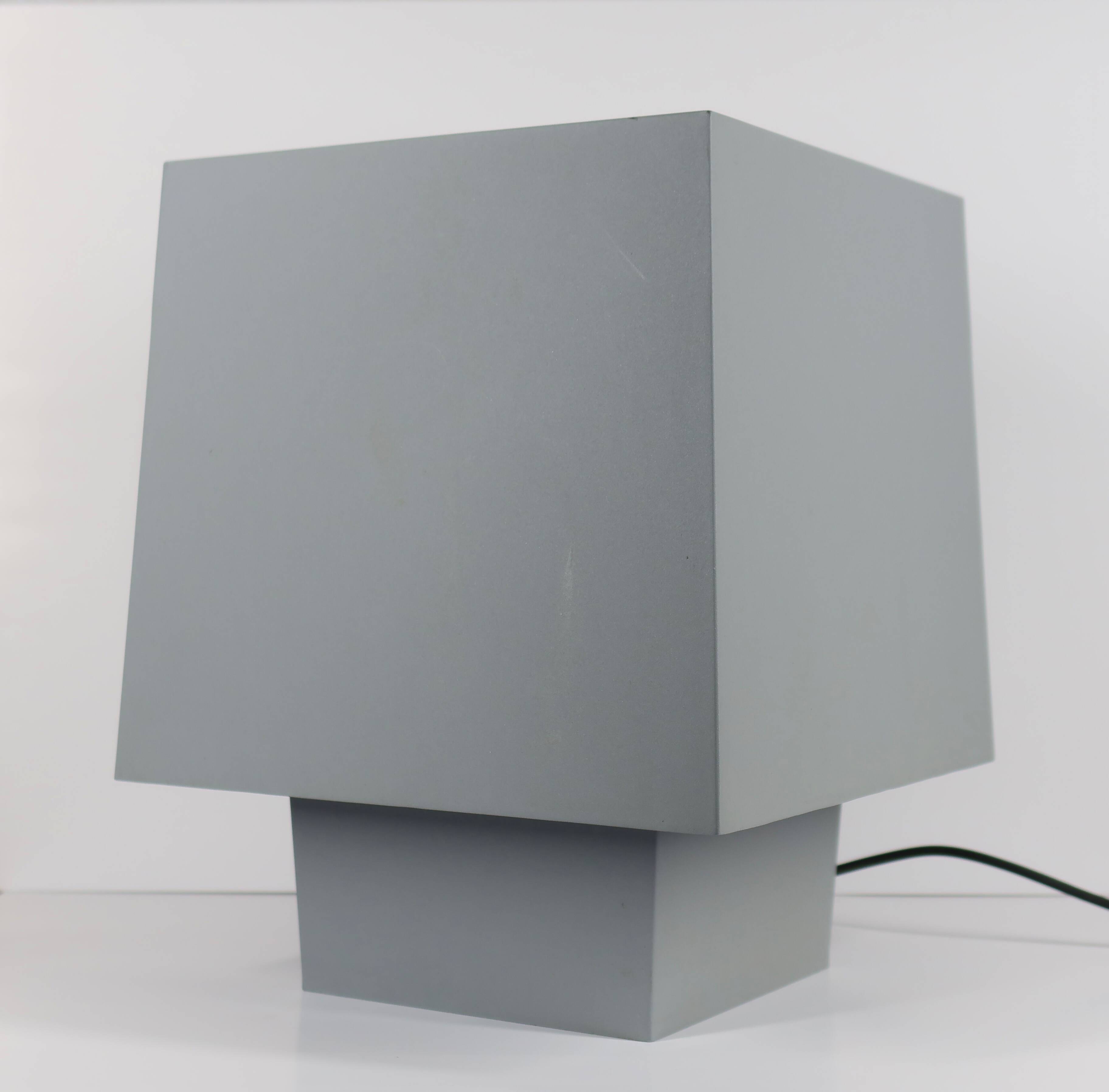 Grey metal cubic design lamp, coloured filters and Japanese signature.