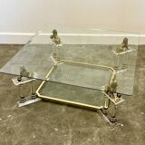 Table basse vintage française en lucite et verre avec lions en laiton, années 1980