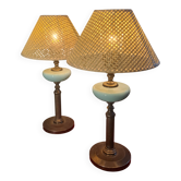 pair of patinated steel bedside lamps with blue opaline shade and wicker lampshade 45x25 e
