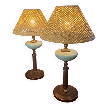 paire de lampes de chevet acier patiné opaline bleu abat-jour osier 45x25 e