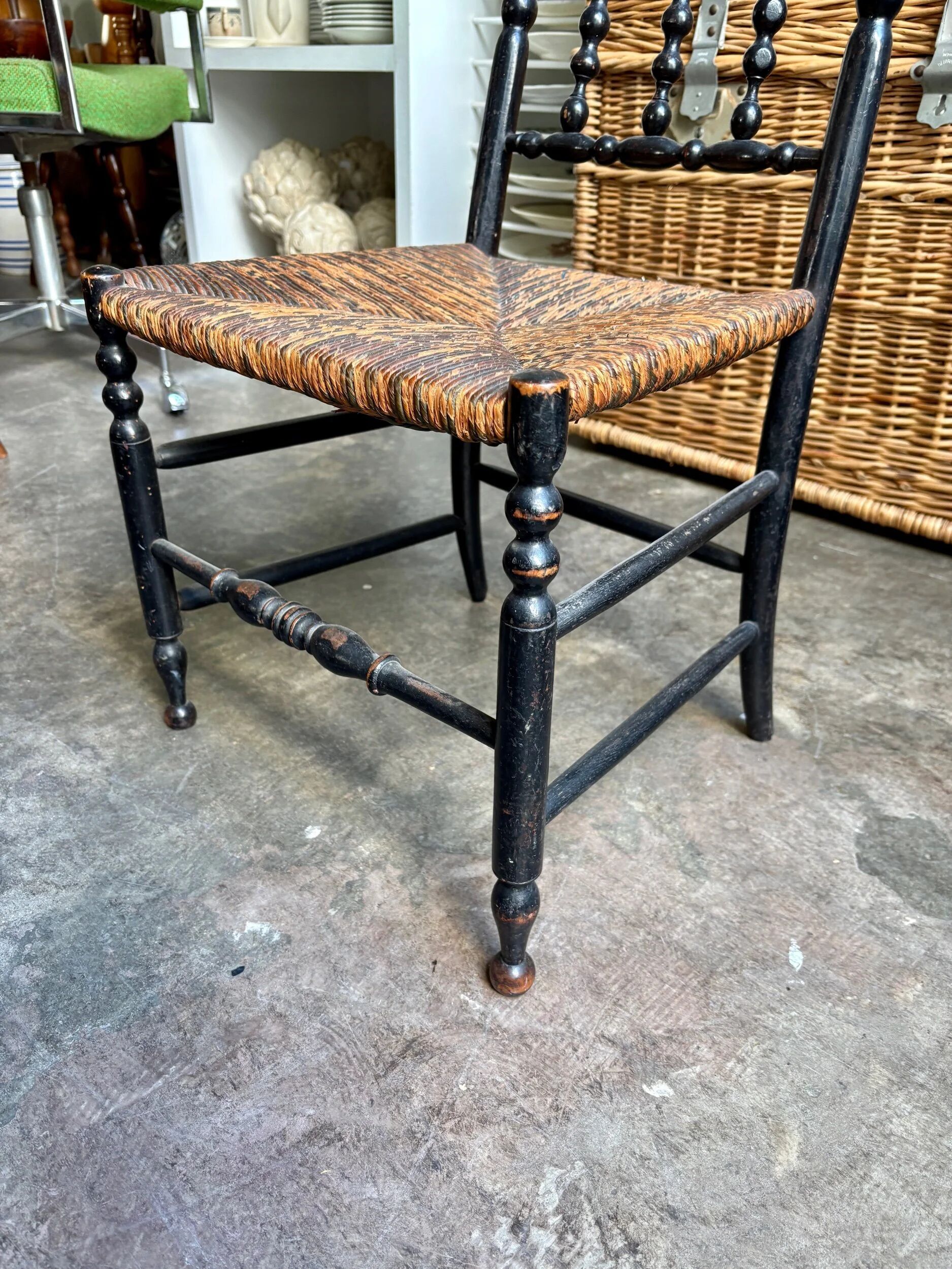 Low chair, Napoléon III child in blackened wood and woven straw.