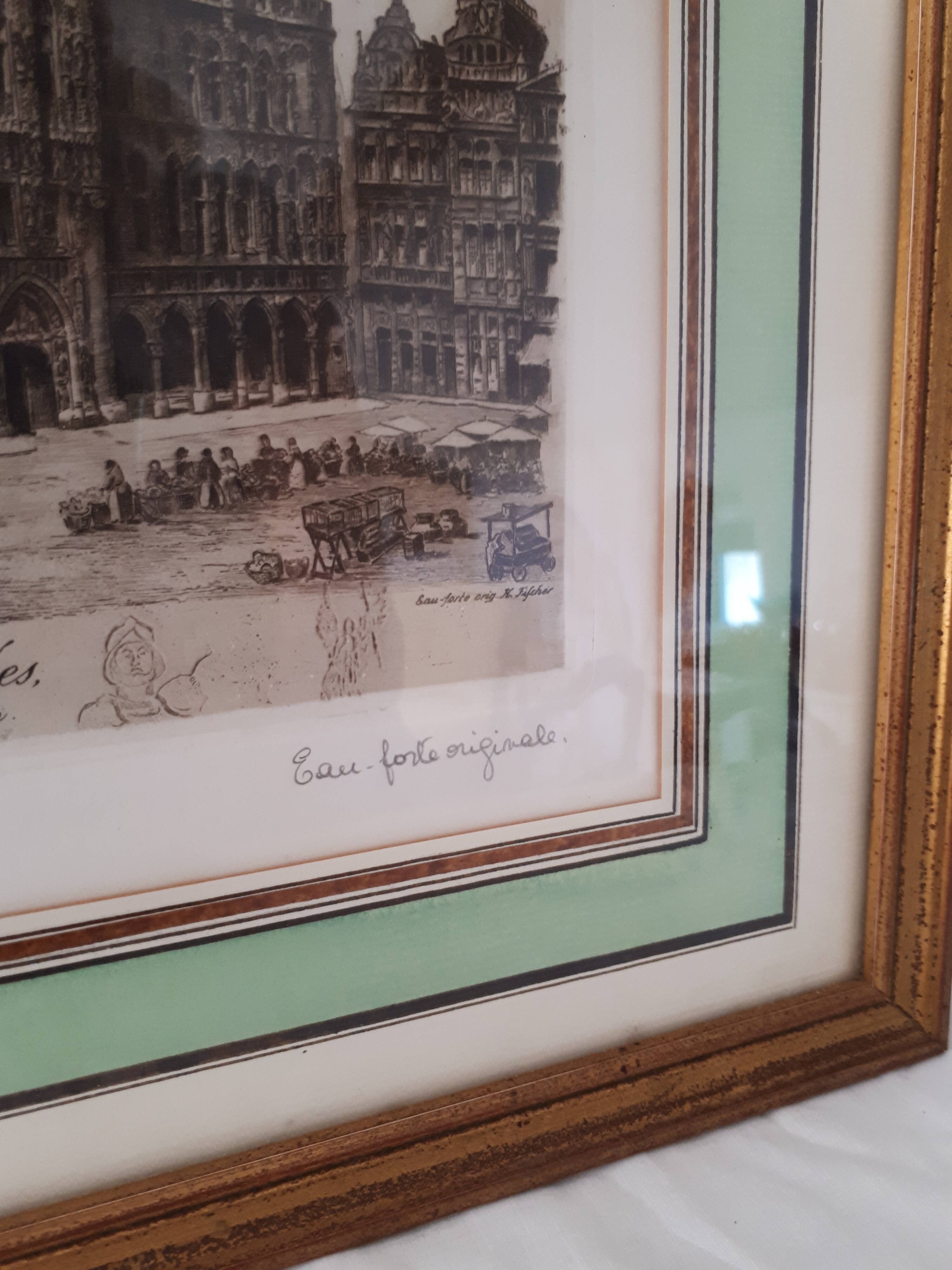 Painting lithograph engraving etching Brussels Town Hall