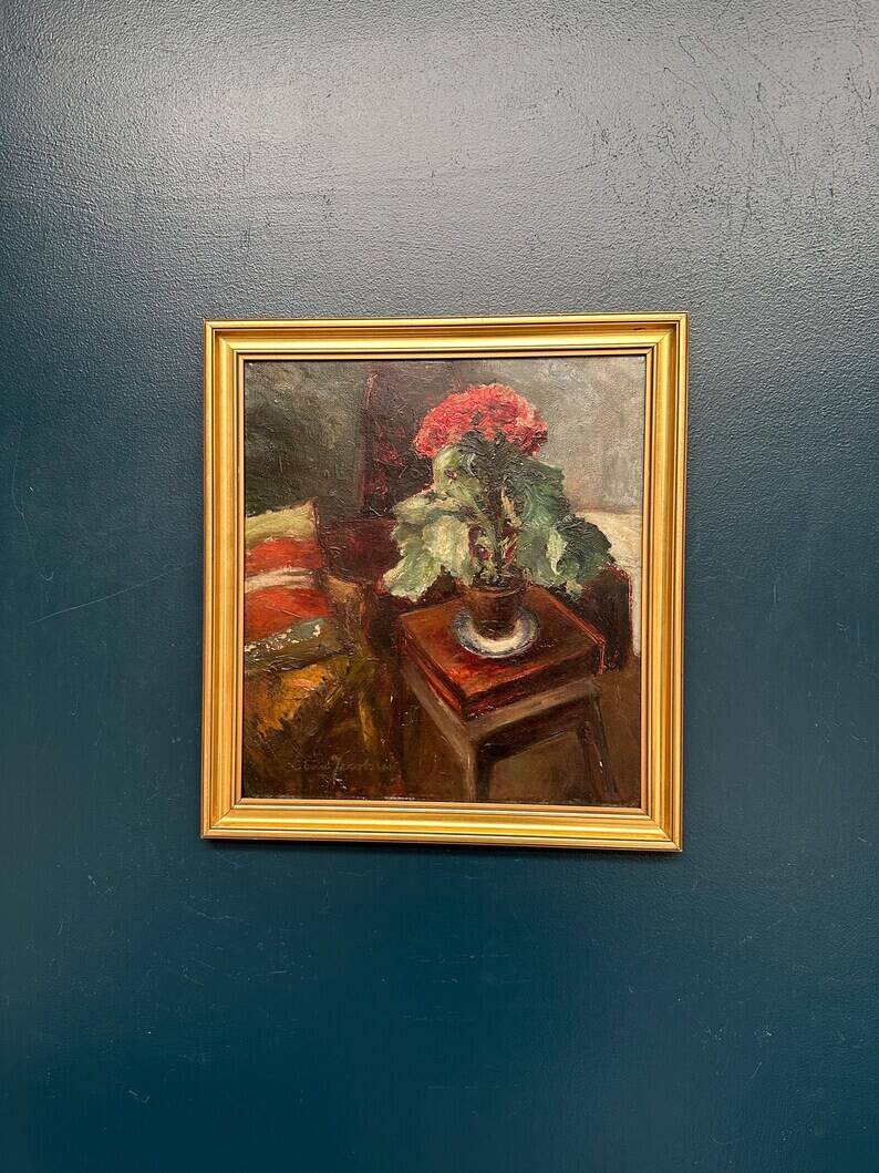 Original Swedish Oil on Panel - "Cineraria i Kruka" by Elna Jacobsson - Signed - Vintage and Framed - 48 × 43.5 cm (18.9" × 17.1")