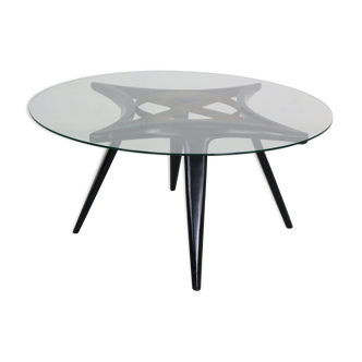 Round coffee table brass walnut, glass by Gio Ponti for singer & sons, 1950 italy