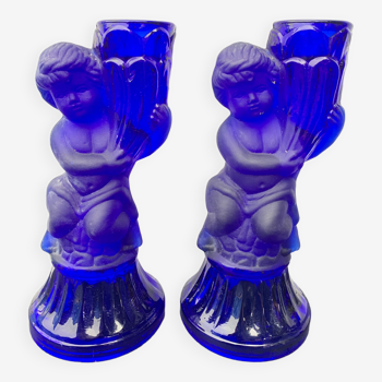 Pair of blue frosted glass candle holders