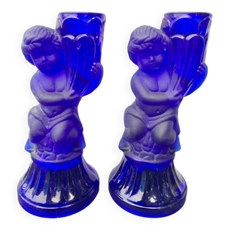Pair of blue frosted glass candle holders