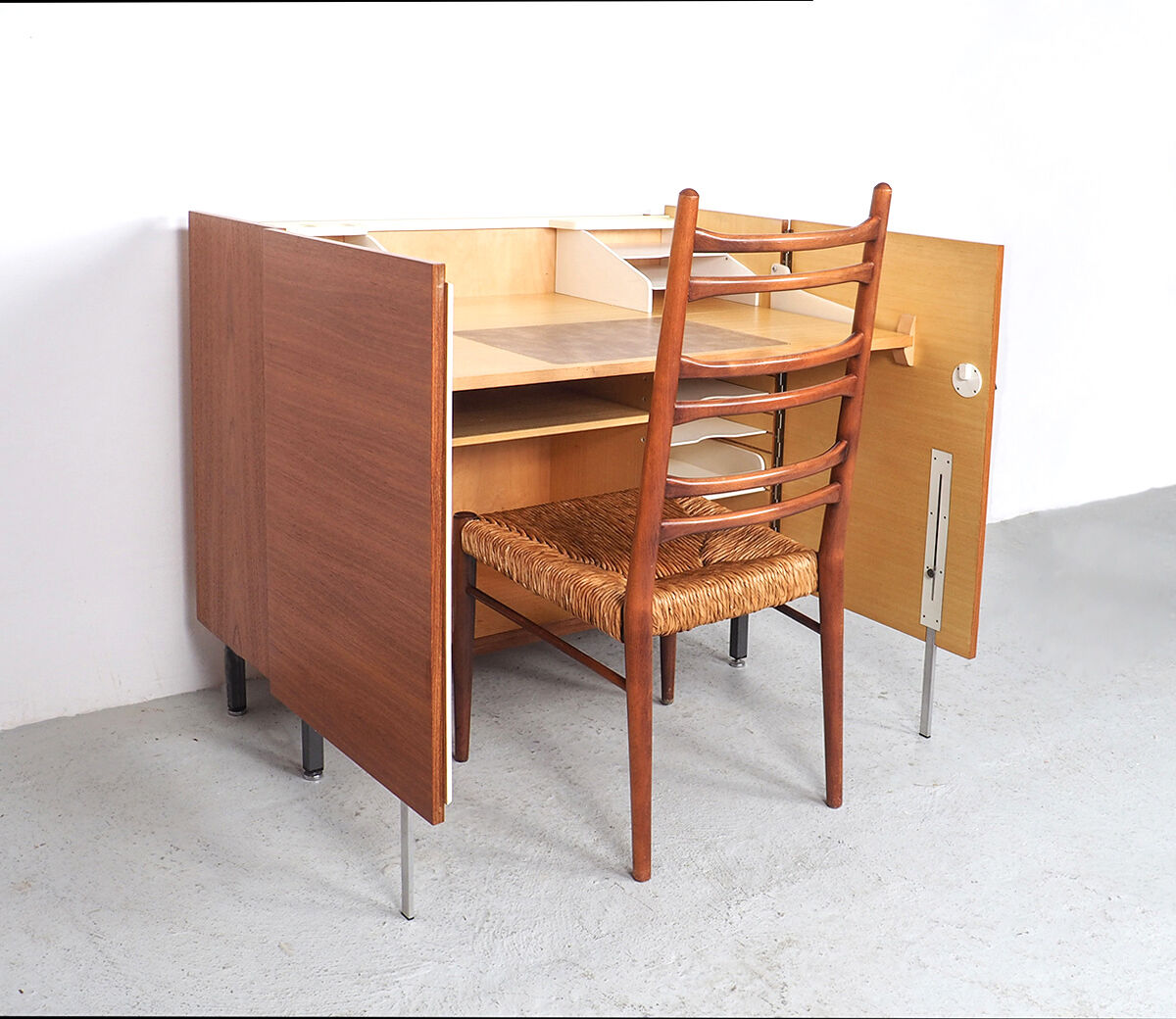 Vintage teak desk in cabinet, 1960s