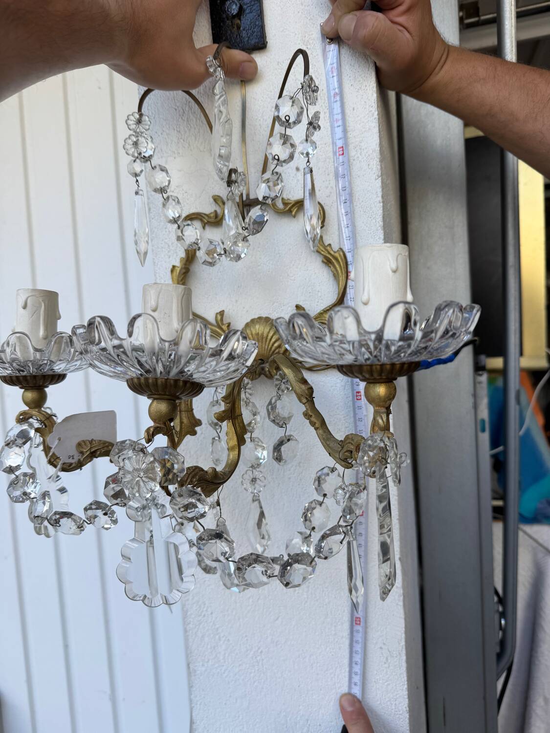 Pair of 3-light bronze and crystal wall lights