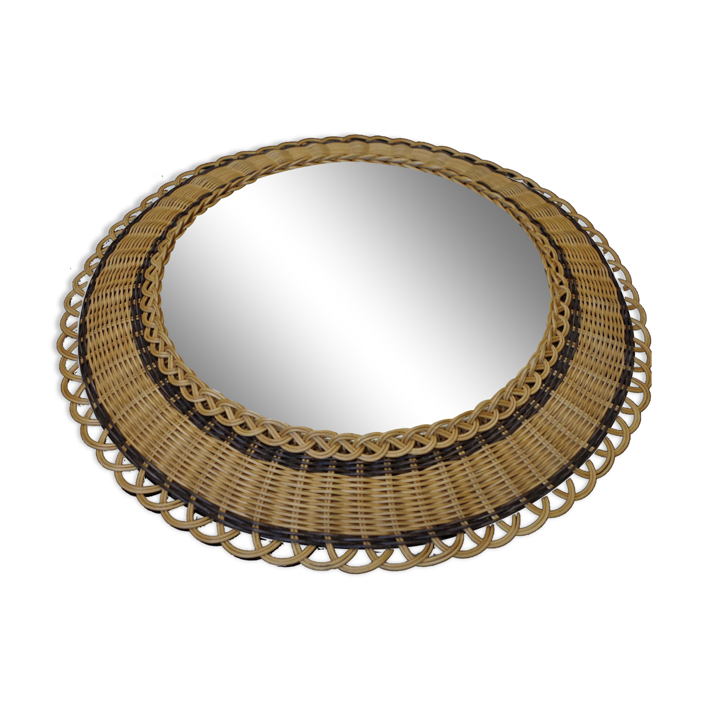 Vintage round mirror in a wicker frame