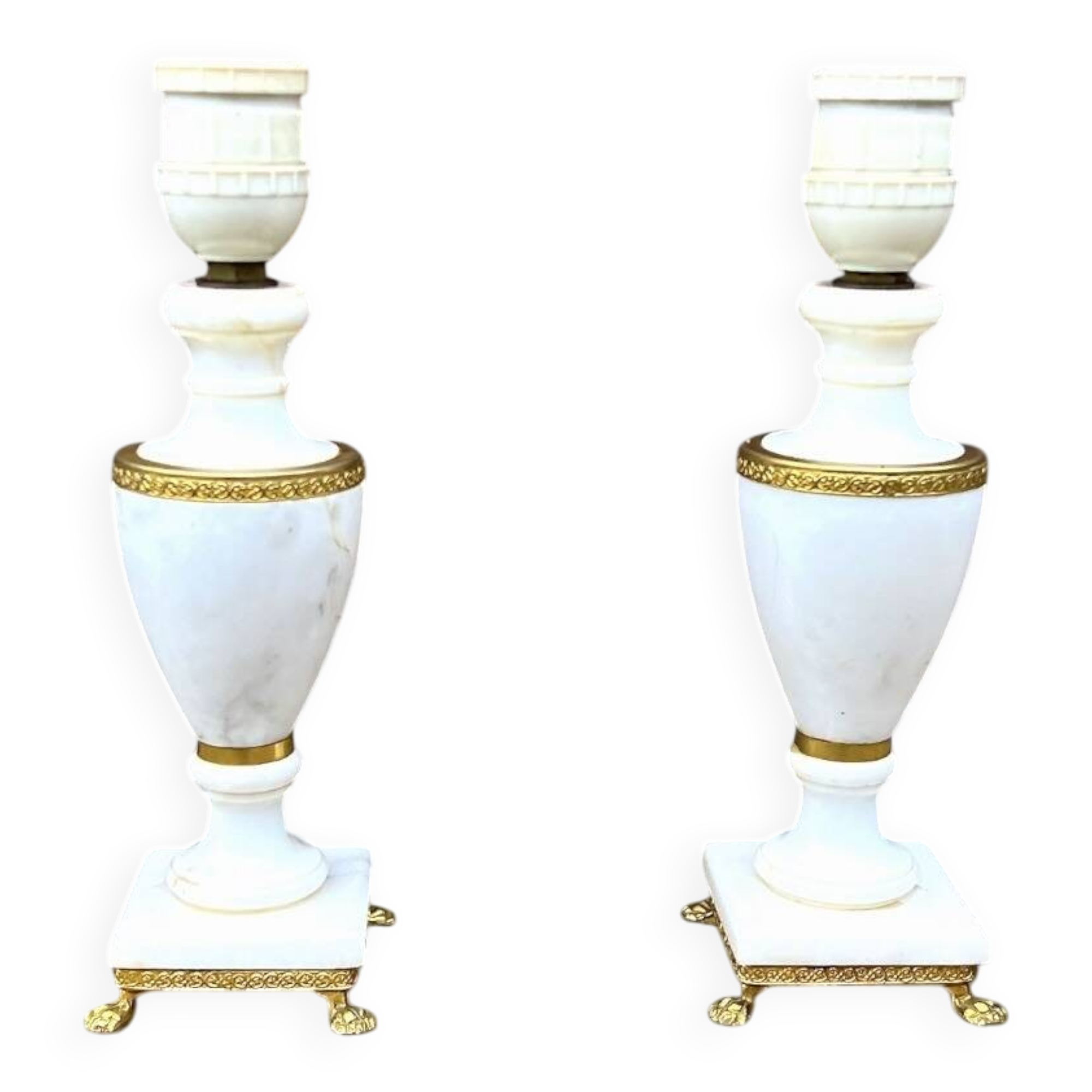 Pair of elegant antique lamp bases in alabaster and gilt brass
