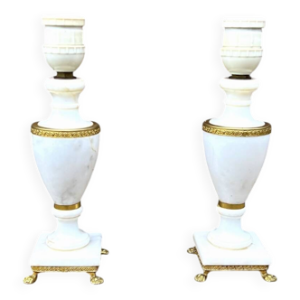 Pair of elegant antique lamp bases in alabaster and gilt brass