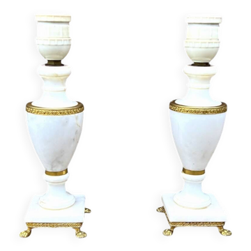 Pair of elegant antique lamp bases in alabaster and gilt brass