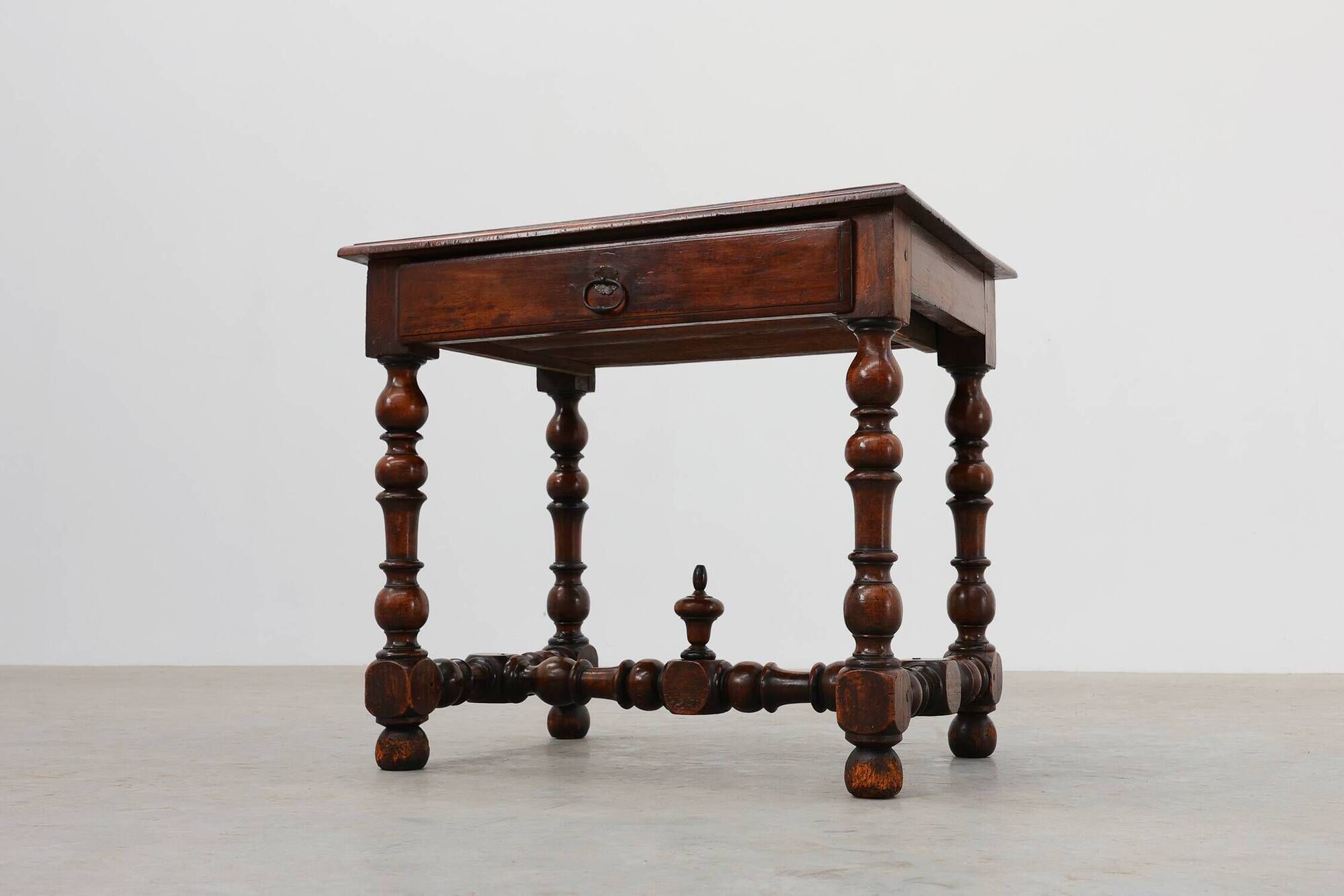 French Louis XIII Walnut Side Table with Drawer and Turned Legs, circa 1850