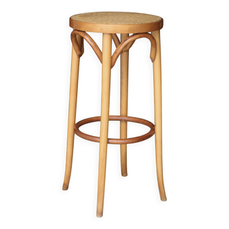 Beau tabouret canné en bois blond courbé. Années 40/50