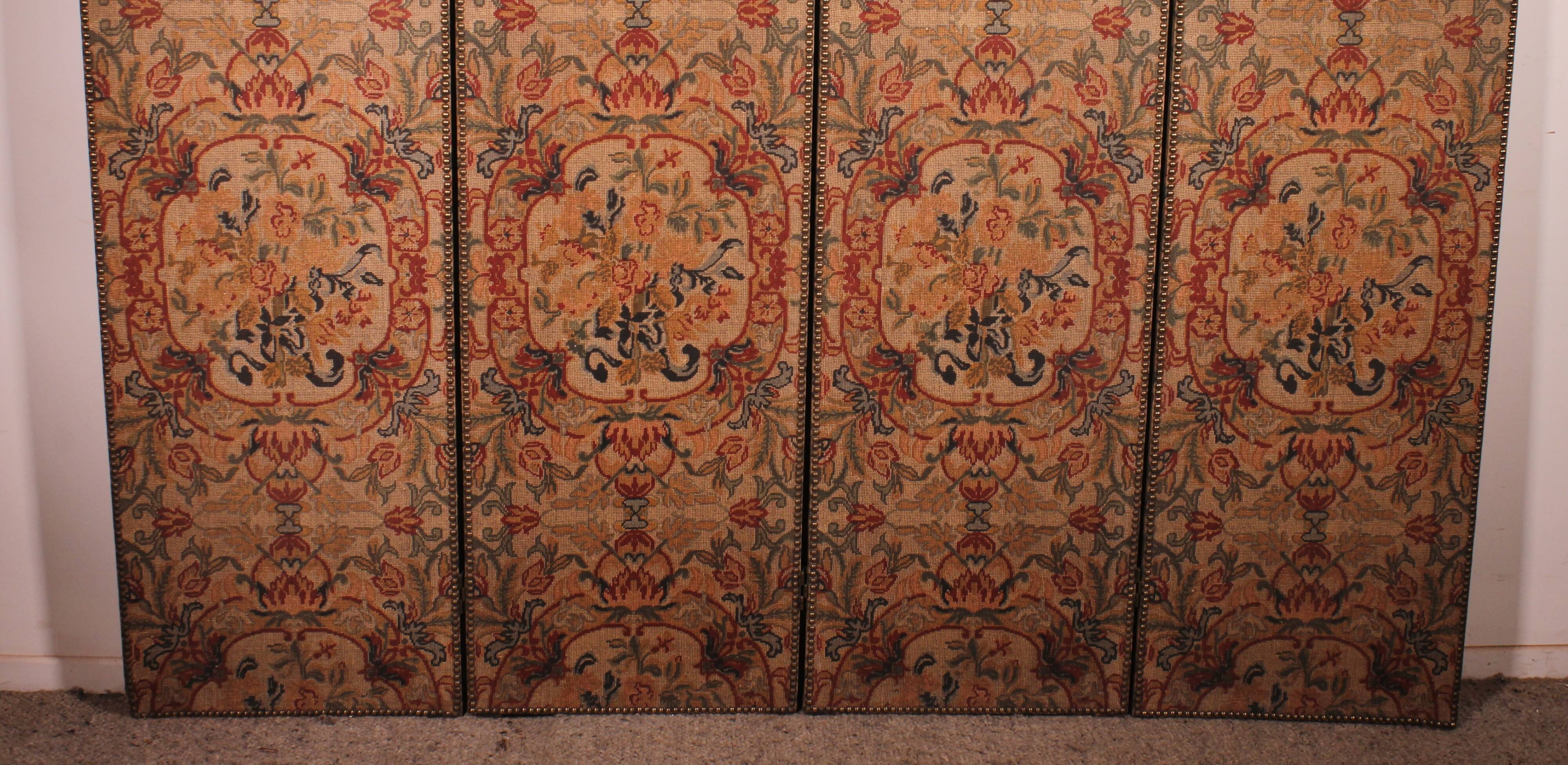 four-panel screen painted on 19th century fabric