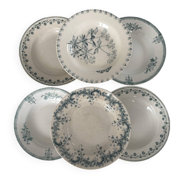 Lot 6 assiette creuse terre de fer bleu vert faïence française ancienn