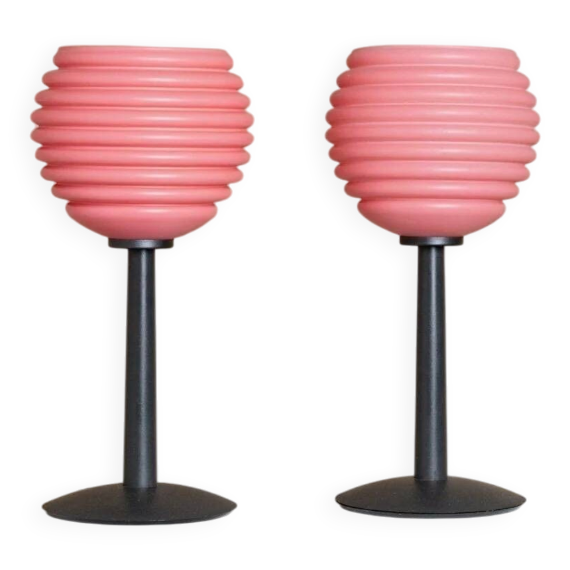 Lot de 2 lampes de table en verre rose - Lampes de chevet vintage avec abat-jour en verre cannelé - Design Space Age Italie - Années 1980