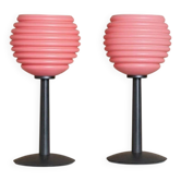 Lot de 2 lampes de table en verre rose - Lampes de chevet vintage avec abat-jour en verre cannelé - Design Space Age Italie - Années 1980