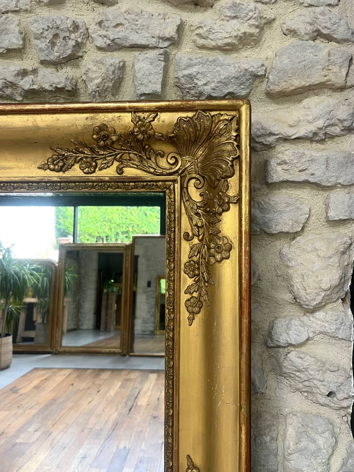 Antique fireplace mirror 144.5cm/131.5cm gold leaf and mercury