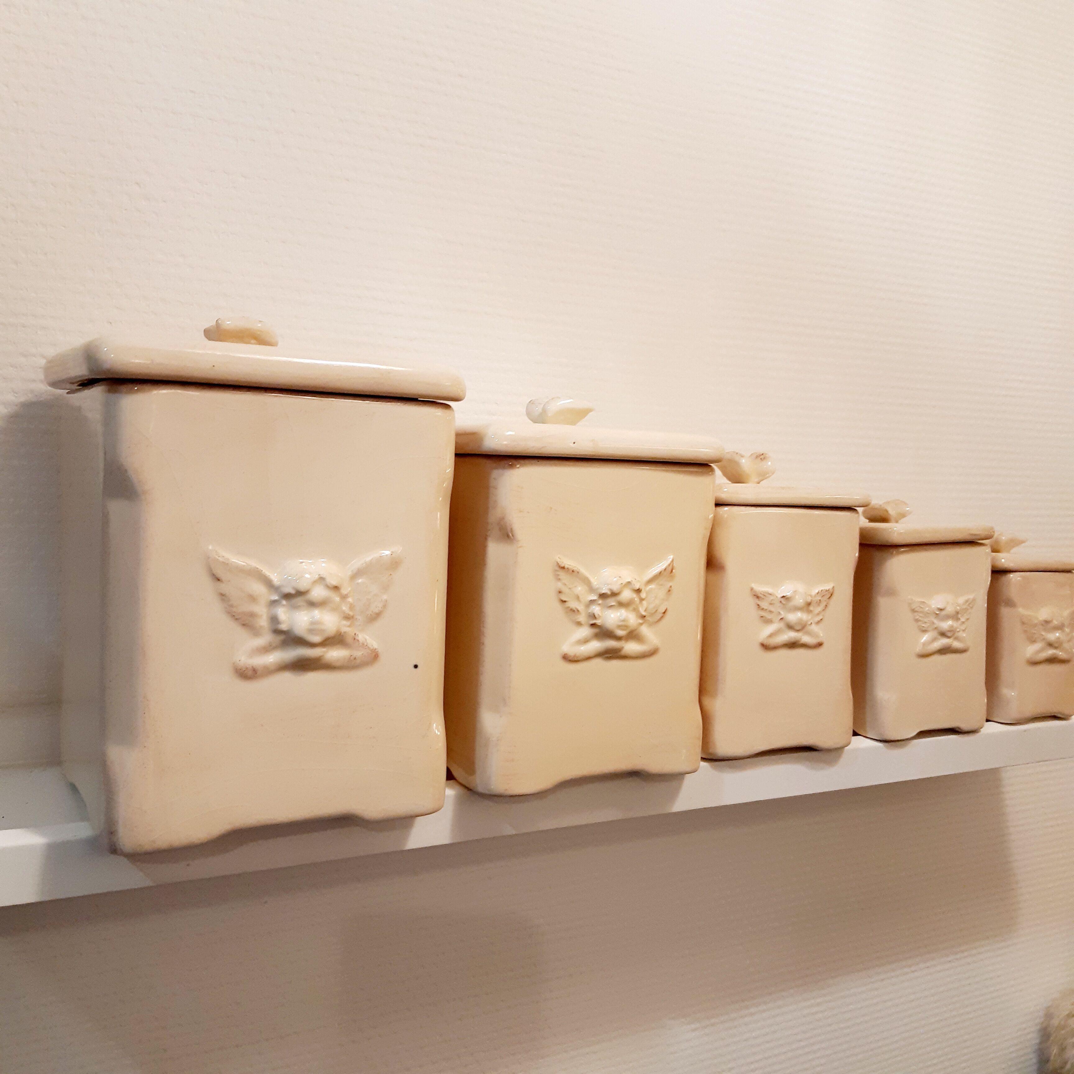 5 jars ceramic spices vintage angel