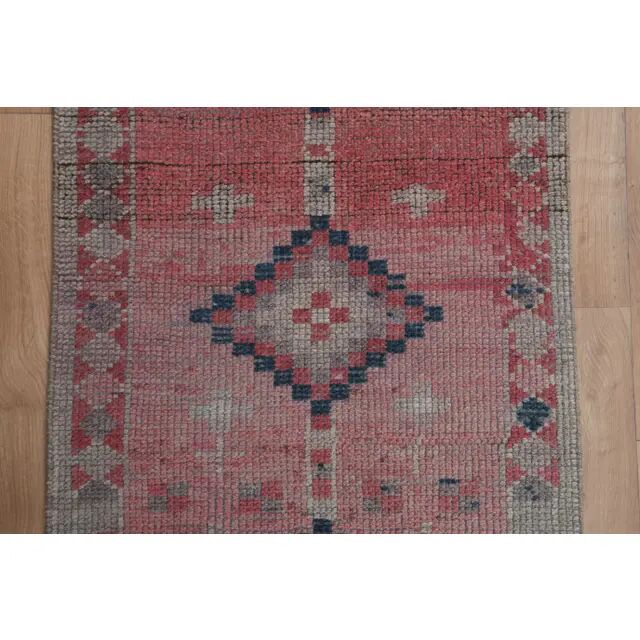 1970s Vintage Turkish Handmade Wool & Cotton Pink Runner Rug 75x318