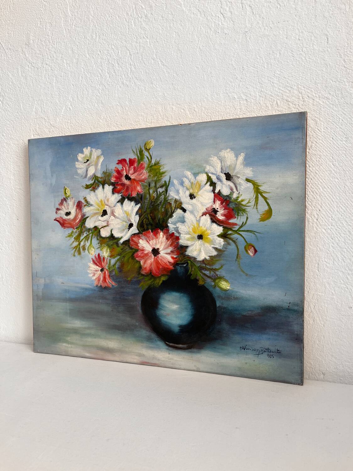 Old oil painting on cardboard bouquet of red and white anemone flowers 1985