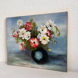 Peinture ancienne huile sur carton bouquet de fleurs anémones rouges et blanches 1985