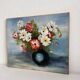 Peinture ancienne huile sur carton bouquet de fleurs anémones rouges et blanches 1985