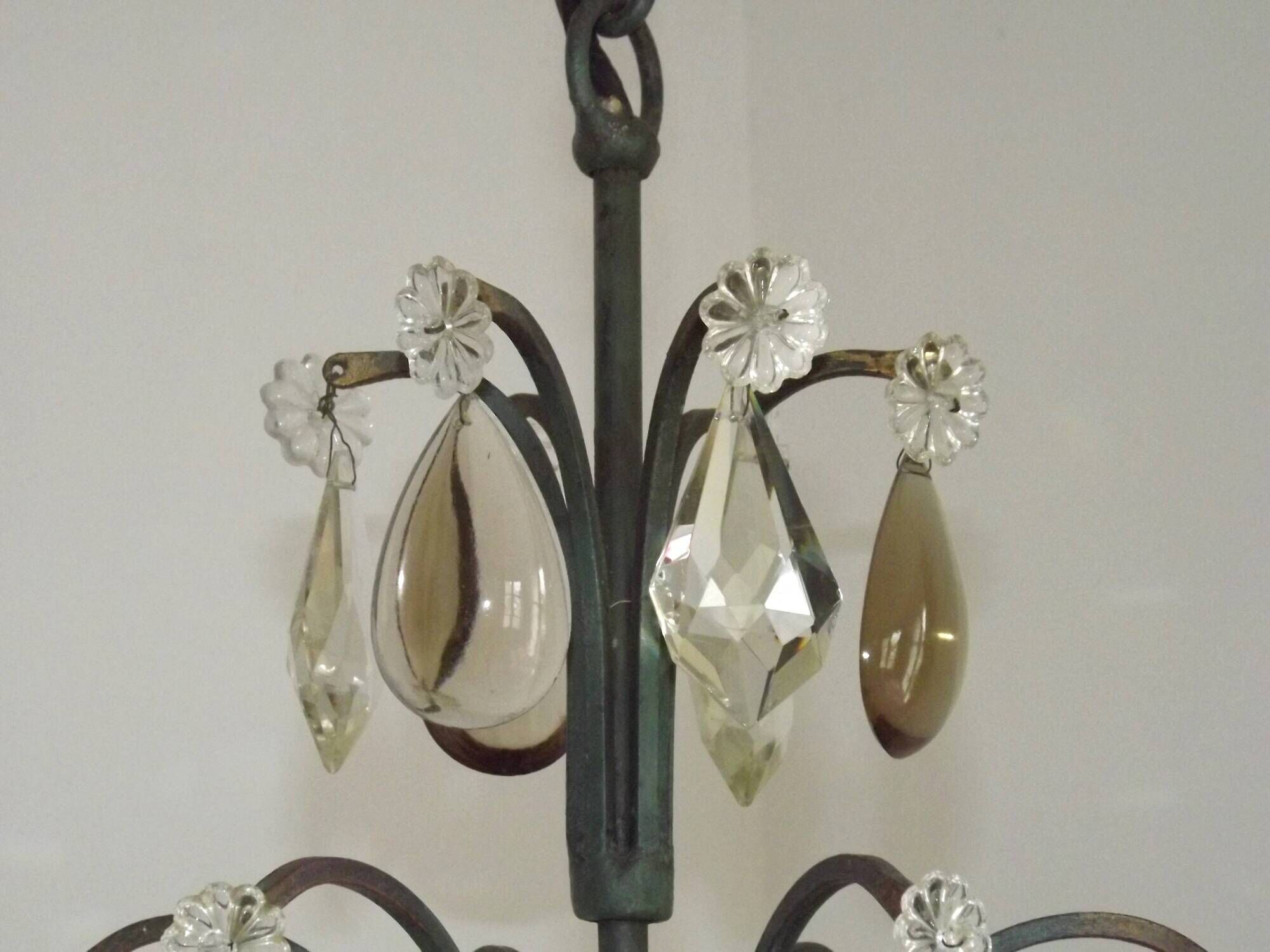 French Art Deco 6-Light Green Finish Bronze Crystal & Glass Chandelier 5343