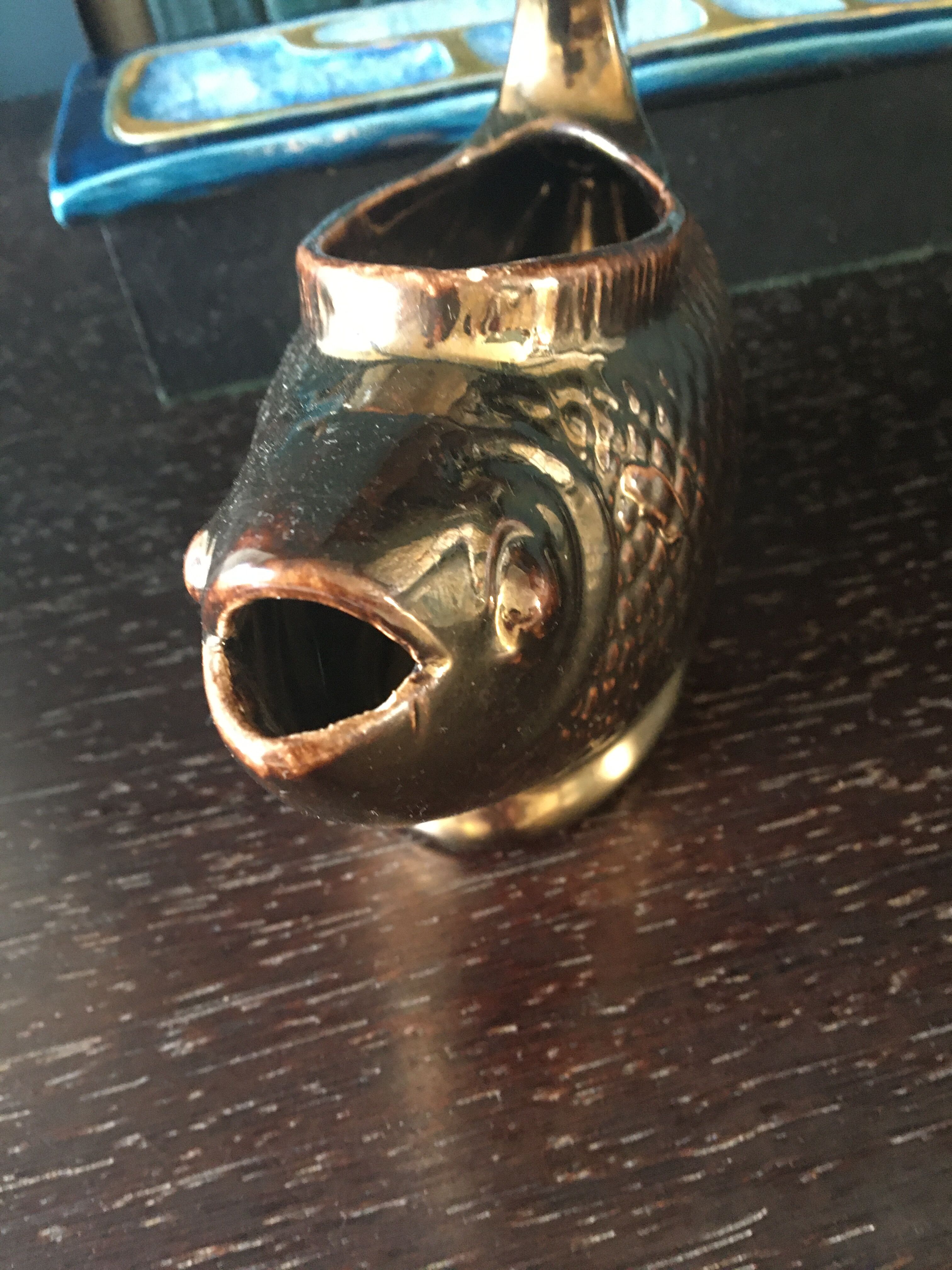 Numbered gold ceramic fish vase, about 1900