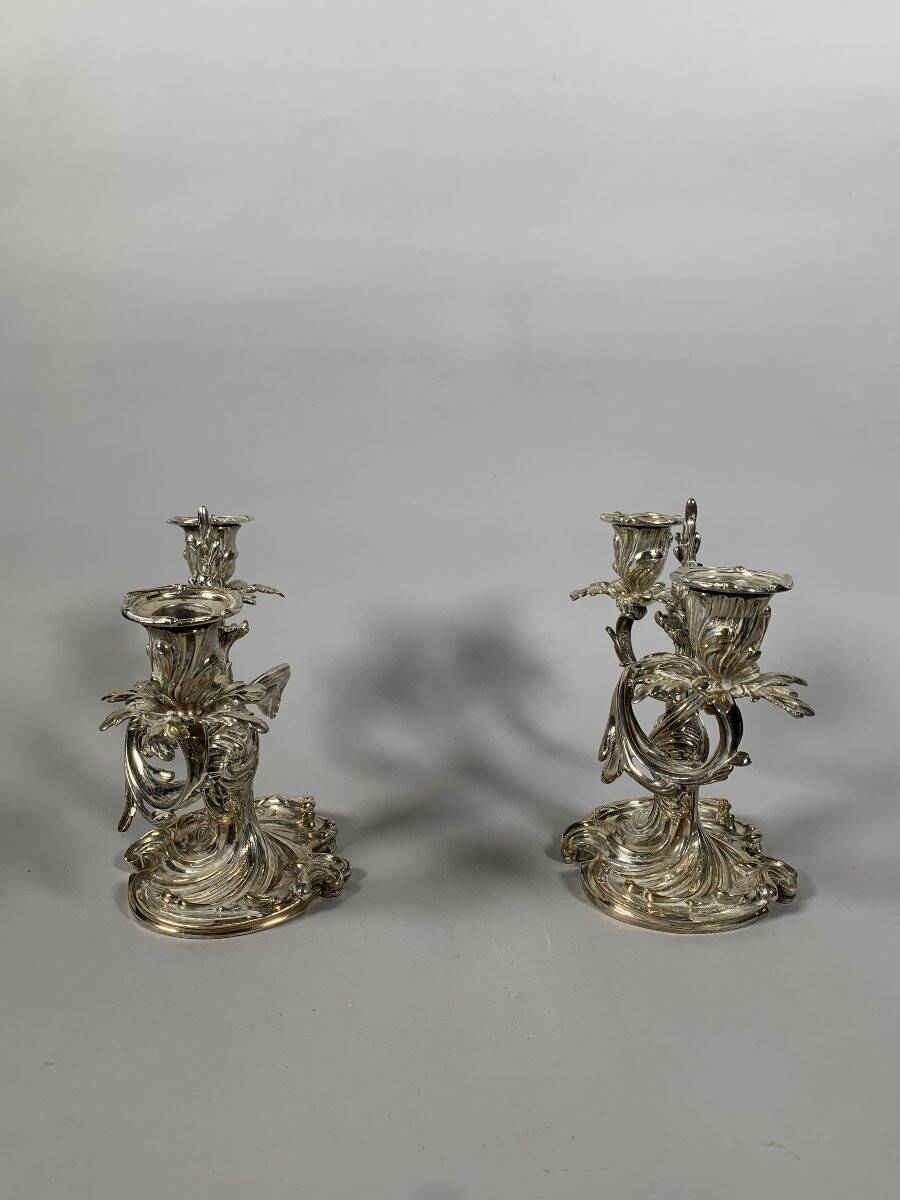 Pair of Rococo Style Candelabra in Silvered Bronze, 19th Century
