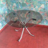 Vintage round table in smoked glass and chrome steel – 1970s design