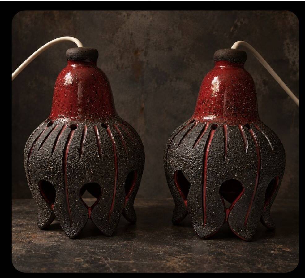 Berth Norrman, Pair of ceramic pendant lamps, Sweden, c. 1970