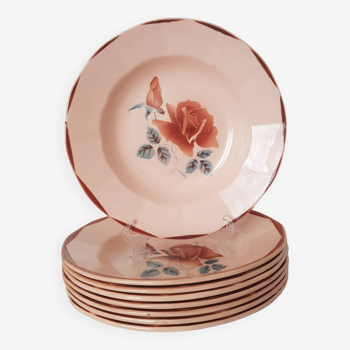 8 assiettes creuses Digoin Sarreguemines rose pourpre décor 9181