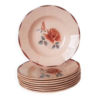 8 hollow plates Digoin Sarreguemines purple pink décor 9181