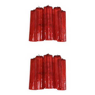 Set of Two Contemporary Red "Tronchi" Glass Wall Sconces in Ve
