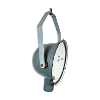 Industrial grey enamel factory spotlight with glass cover, 1950s