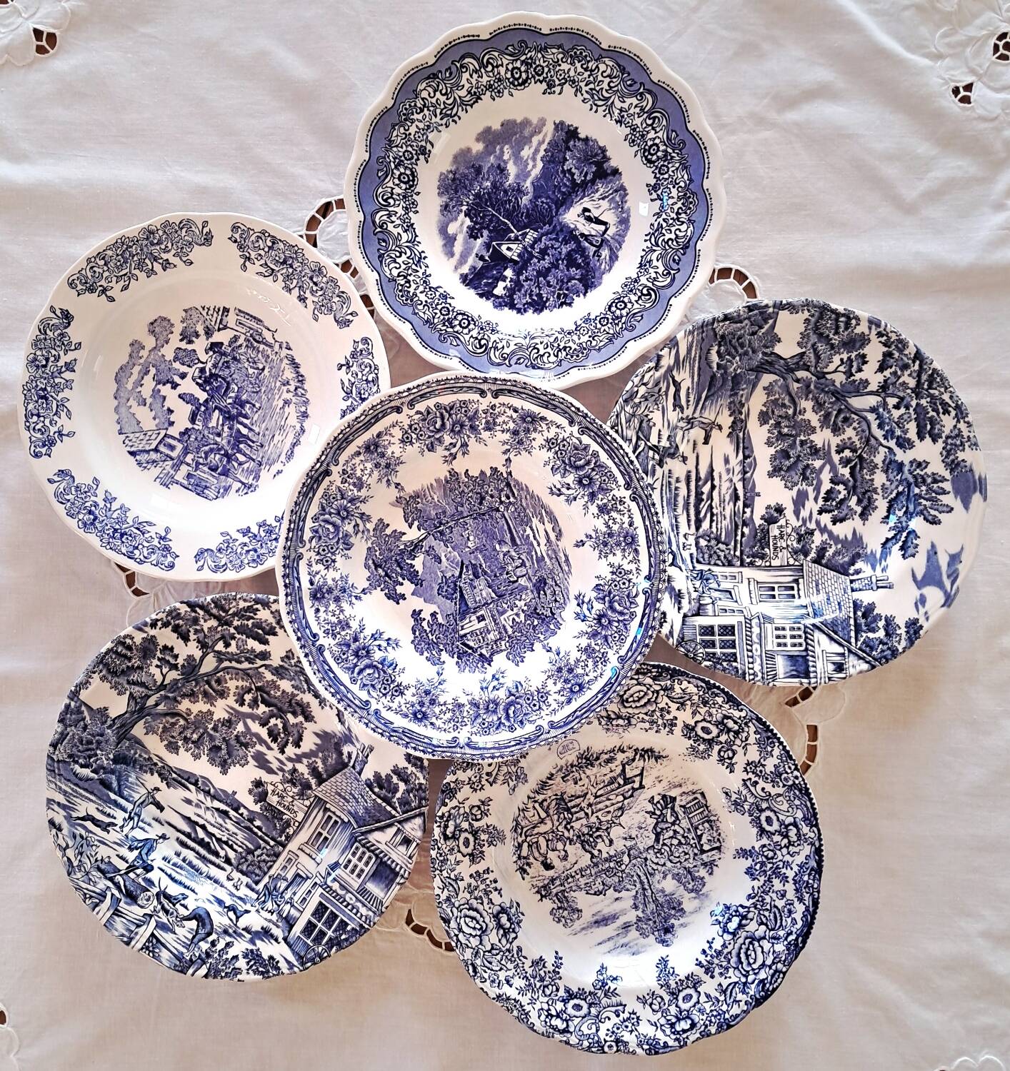 Mismatched antique soup plates